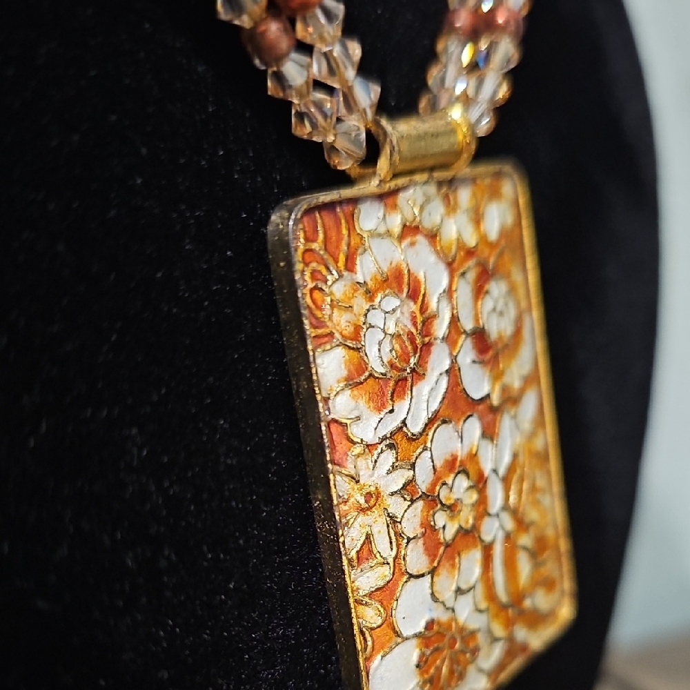 Enamel Double Cloisonne Pendant Jewelry with Brown and Yellow Flowers - Picture 3 of 3